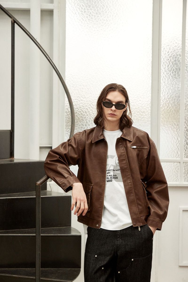 Vegan Leather Pocket blouson - BROWN