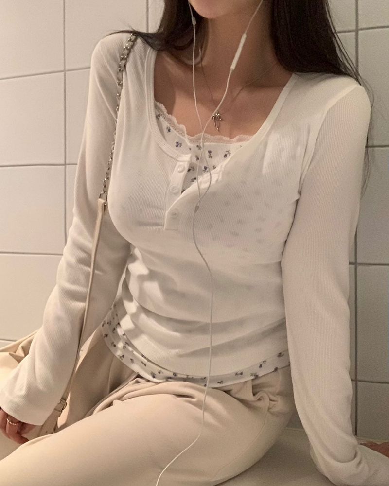 フラワーレースボタンレイヤードTシャツ