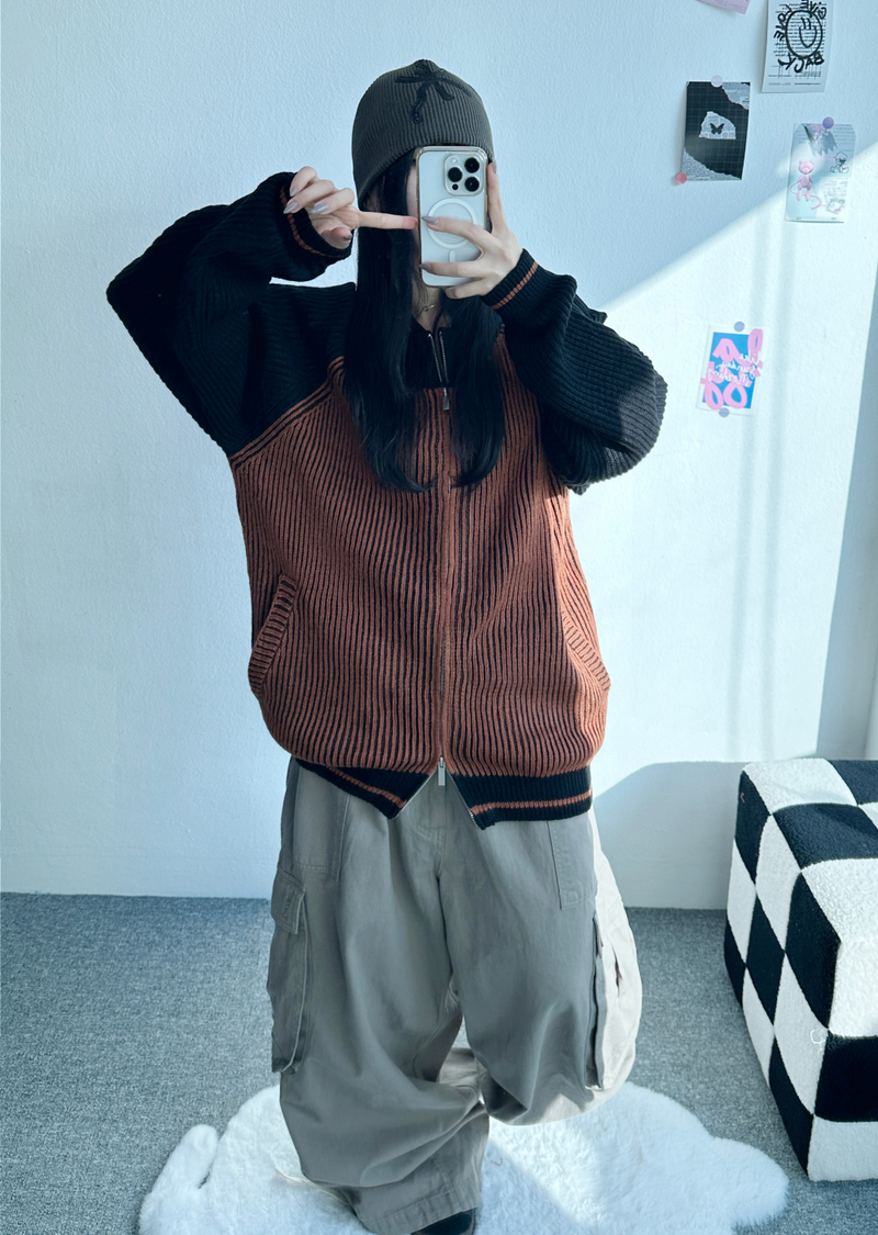 COLOR-BLOCK RAGLAN 2-WAY ZIP-UP🤎🖤🩶🤍 - 3 COLORS