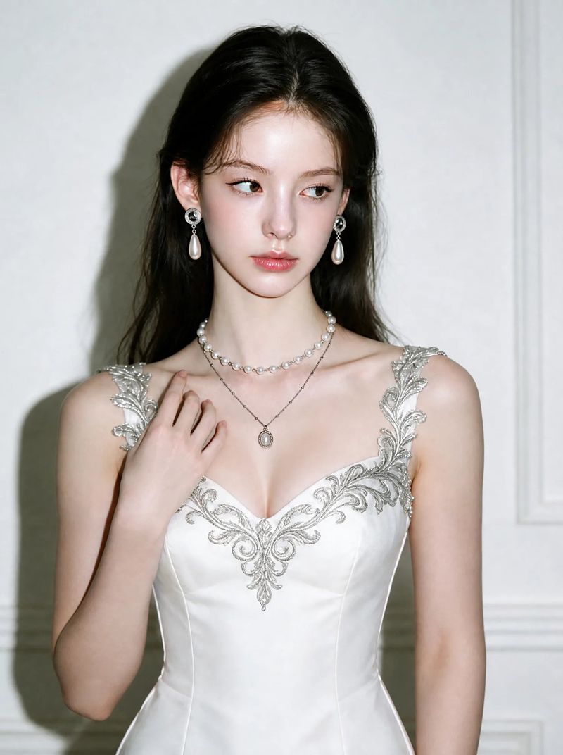 Ethnic Button and Long Pearl Earrings - Silver Color