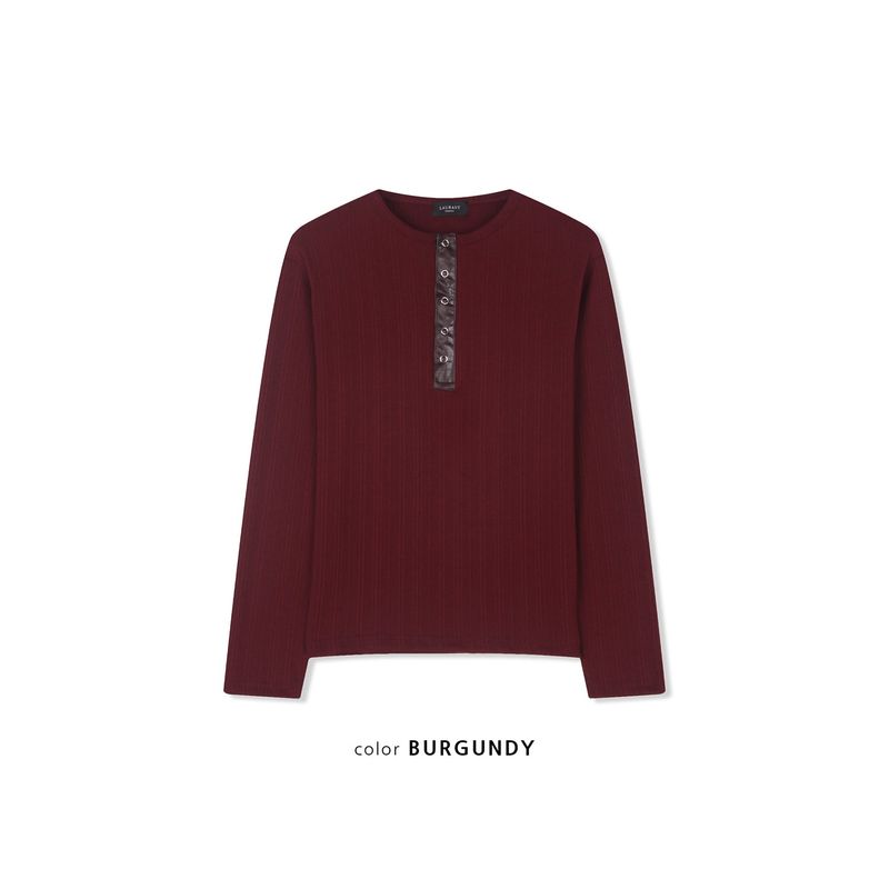 Leather ribbed henry neck long sleeves(Burgundy)