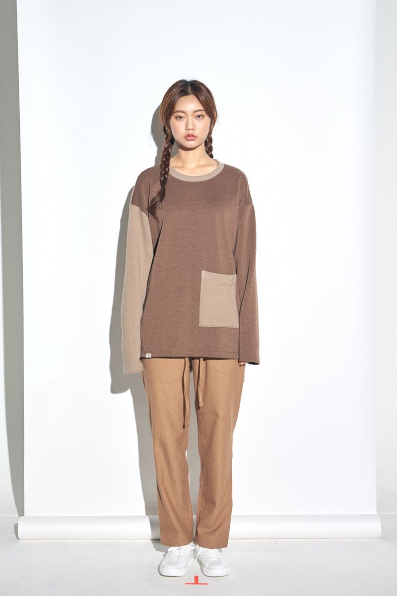 KNIT X TERRY COMBINATION POCKET TEE (Beige)