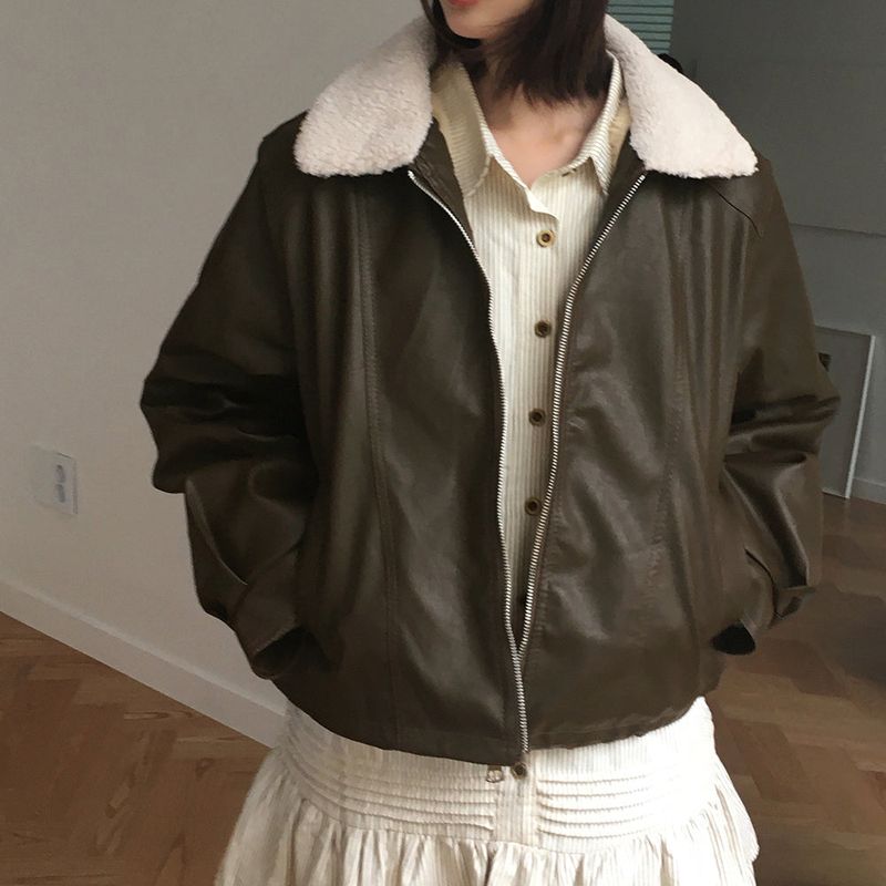 Zizhen wool loose fit leather suede jacket