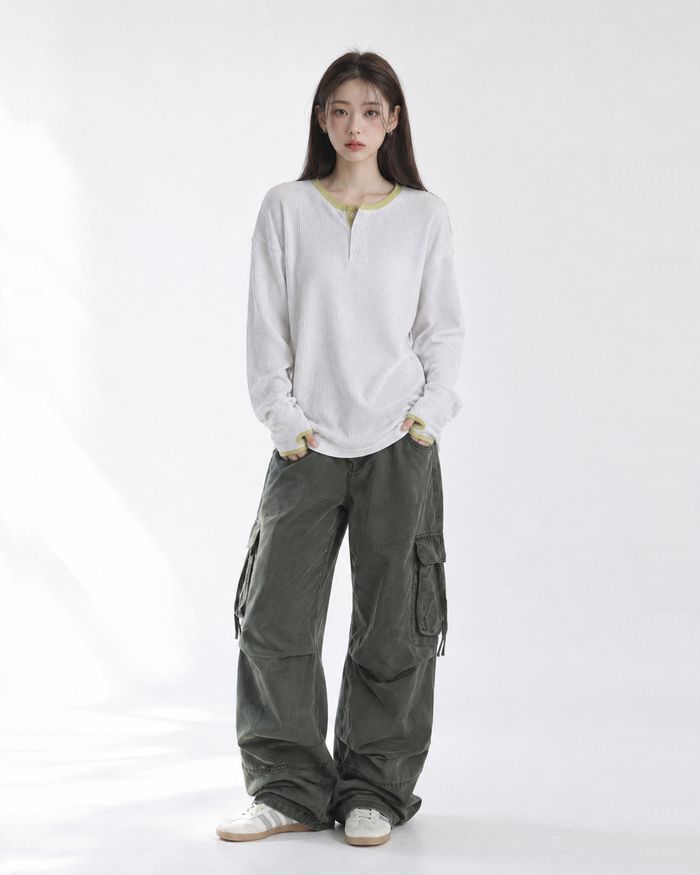 (UNISEX) ヘンリーネック ワッフル ウォーマー ティー