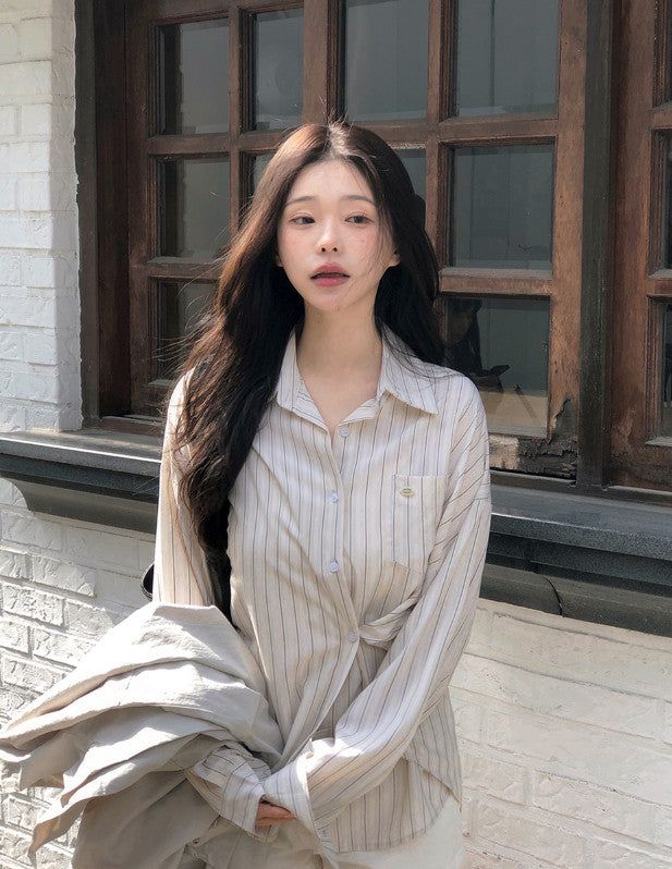 Today Loose Button Wrap Stripe Shirt (3color)