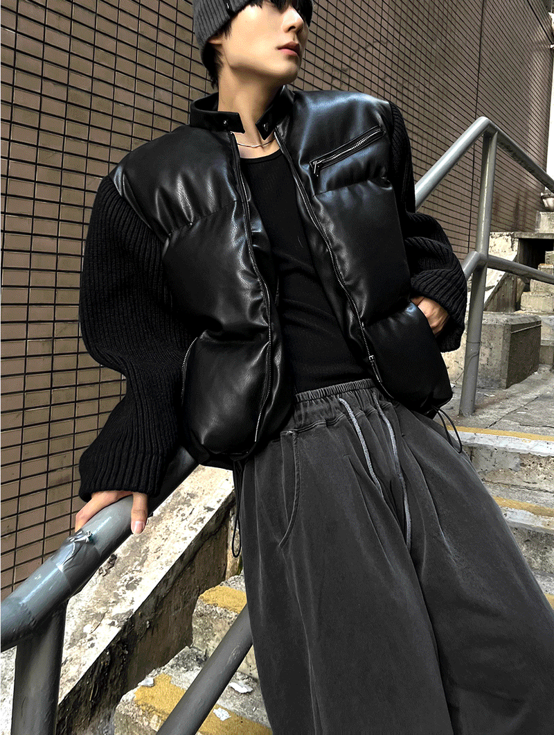 Deep Black Knit Leather Padding