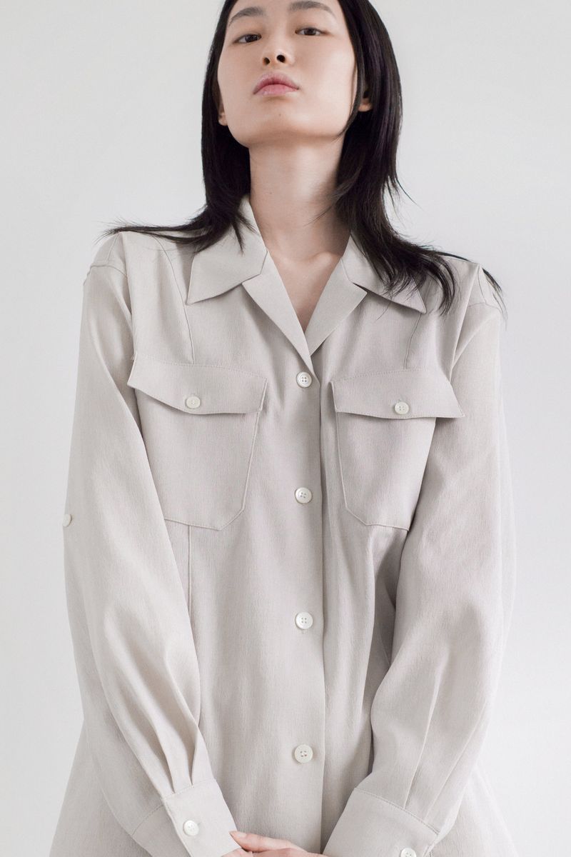 ストレッチロールアップシャツ, ベージュ