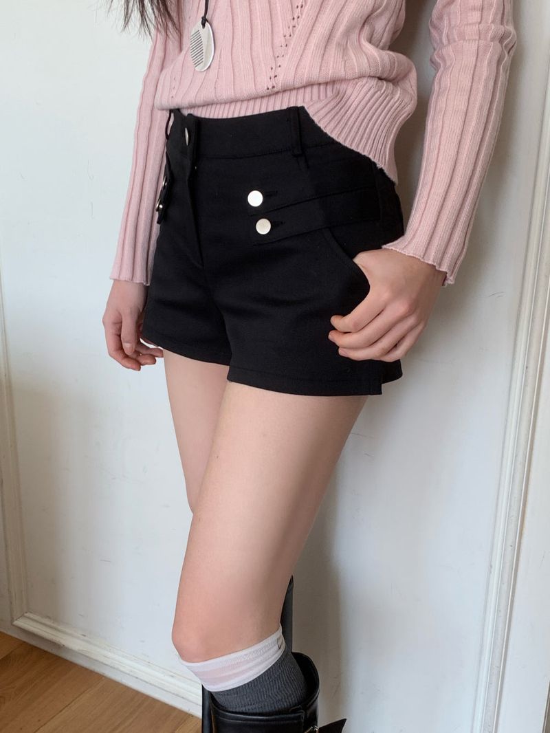 Modern Two Belt Button Bijou Short Pants