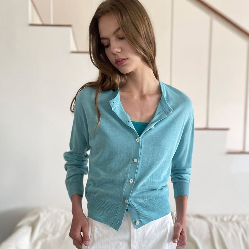 Summer Linen Round Neck Cardigan_Aqua Blue