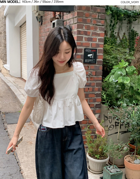 Square Puff Ribbon Short Sleeve Blouse (2color)