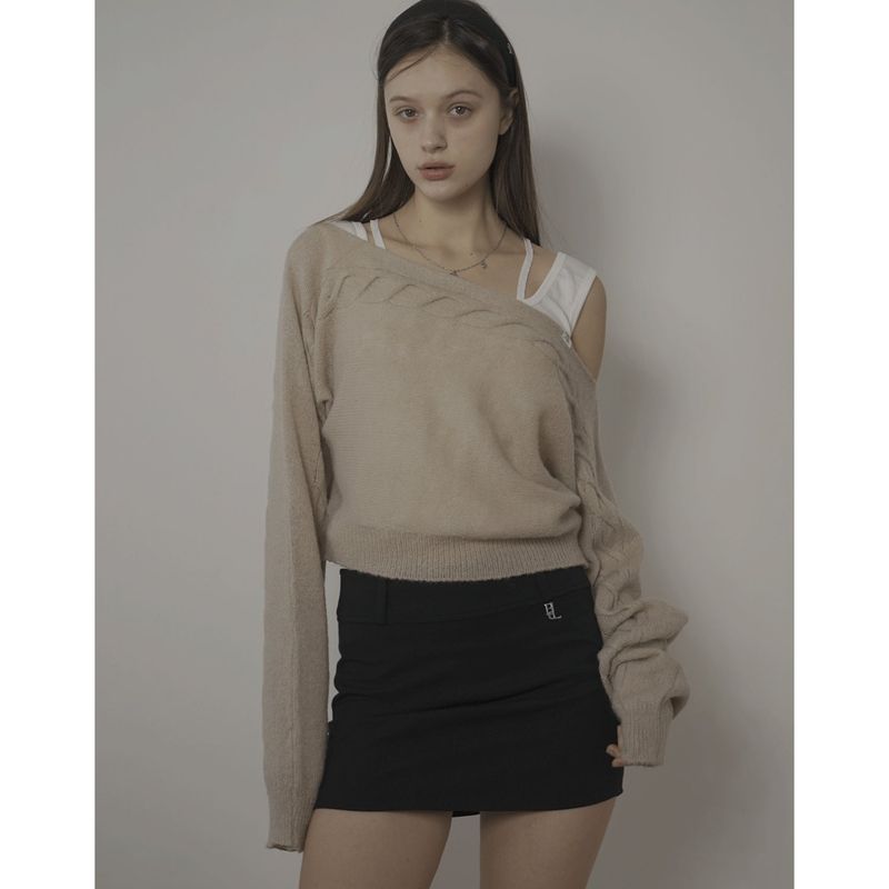 CABLE BOAT NECK KNIT-BEIGE