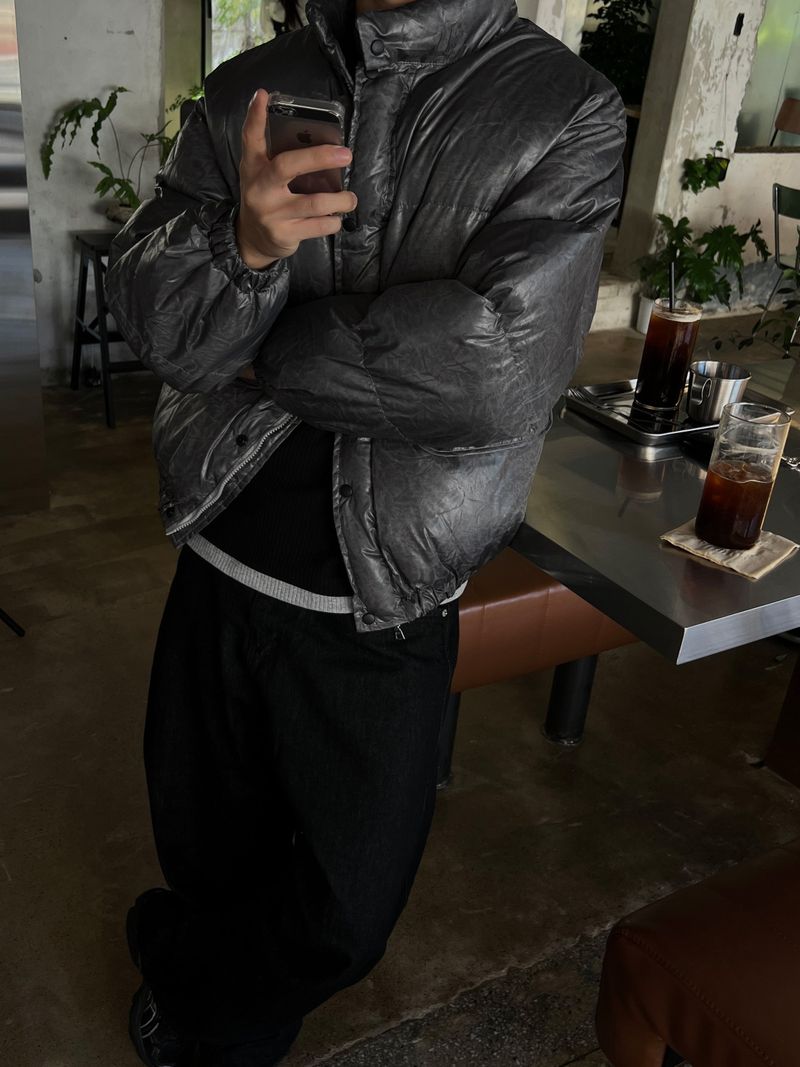 Cracked Nuptse Metallic Short Puffer Jacket