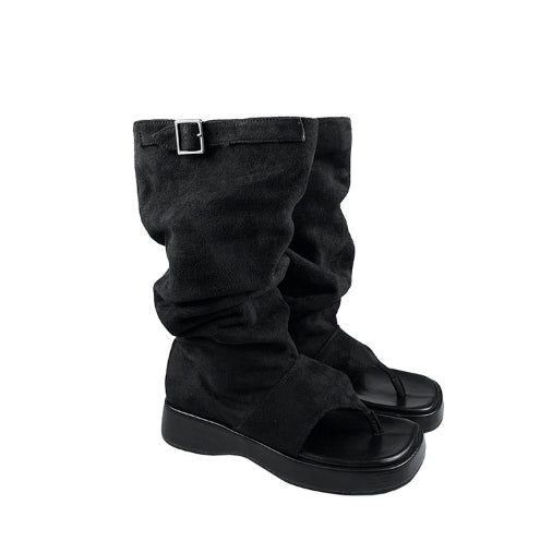 Pin buckle suede flip flops boots