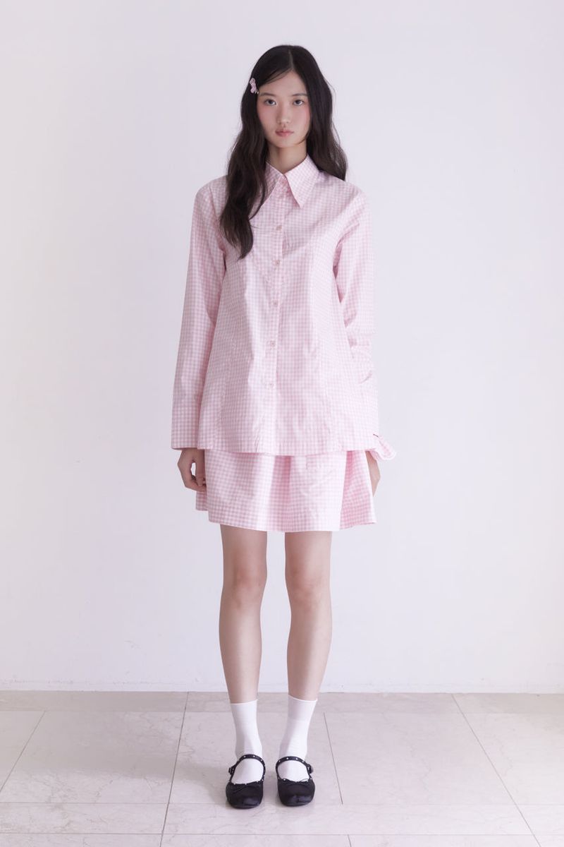 Gingham check pocket shirring mini skirt (PINK)