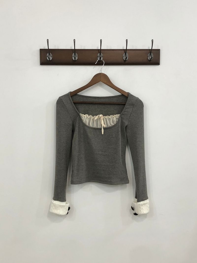 Gray Frill Mix Knit Top