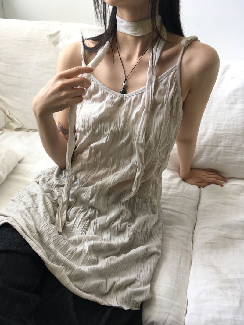[Muffler set] Lucing Wrinkle Ribbon Strap Sleeveless Dress