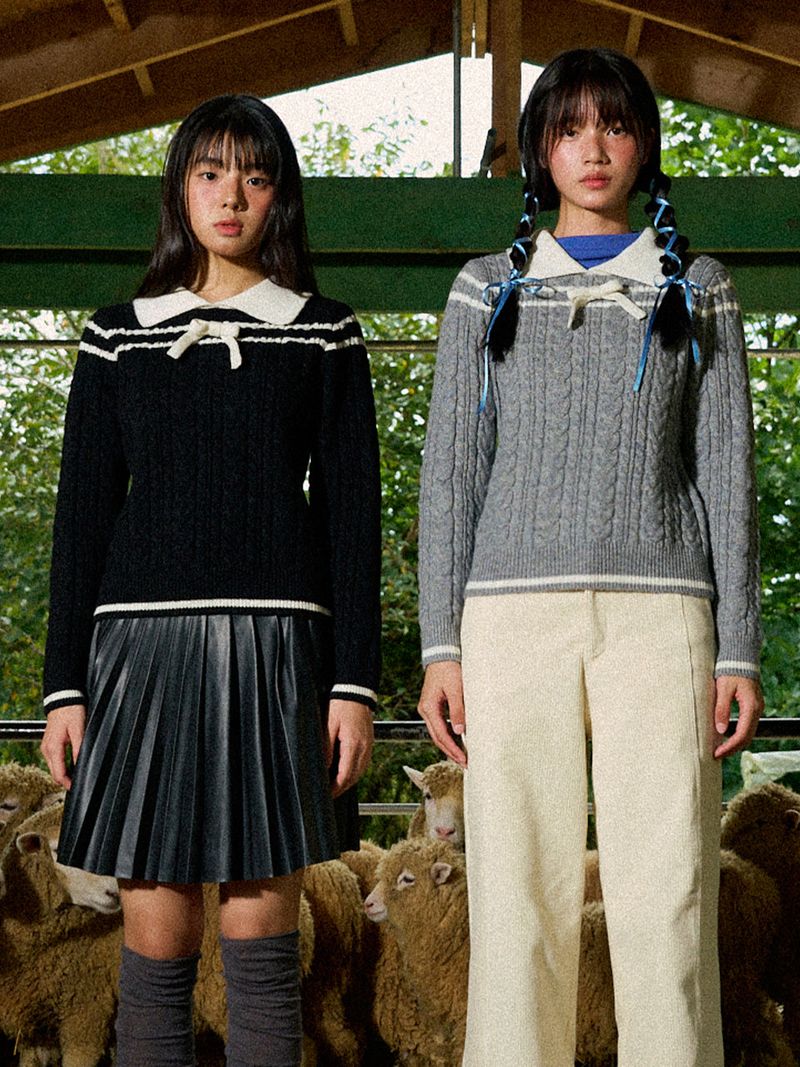 Ribbon Line Collar Wool Knit (Gray)