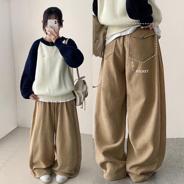 Romy back pocket side pin tuck hem string cotton wide pants