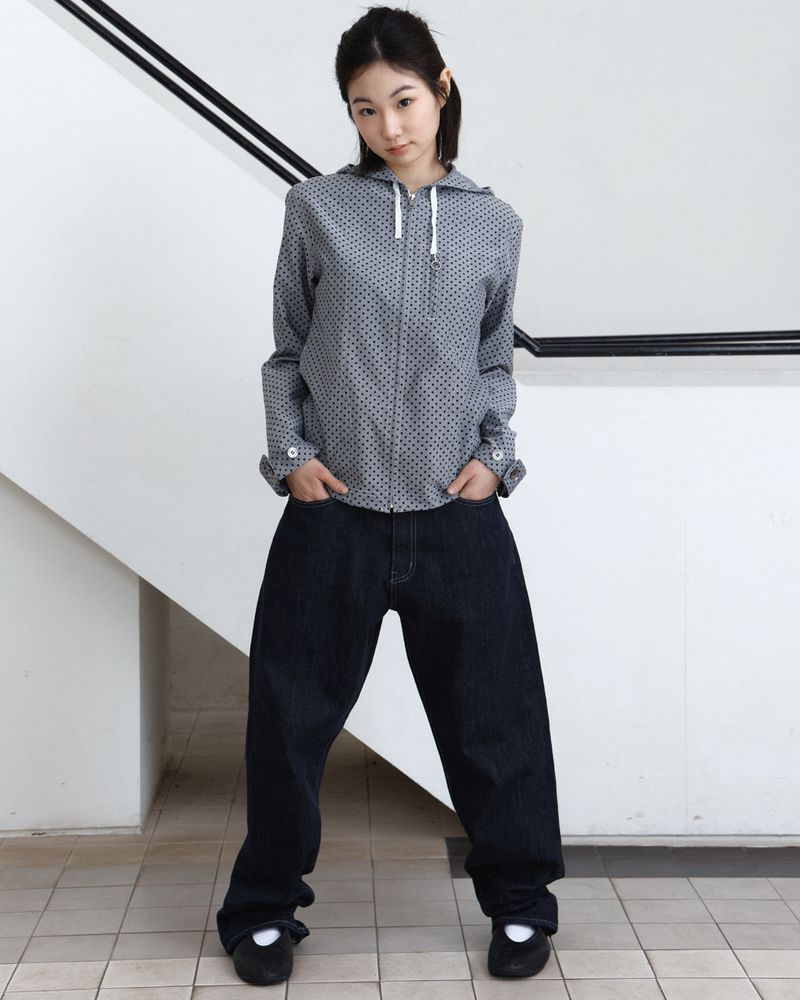 Dot Hooded Zip-Up Shirt Jacket