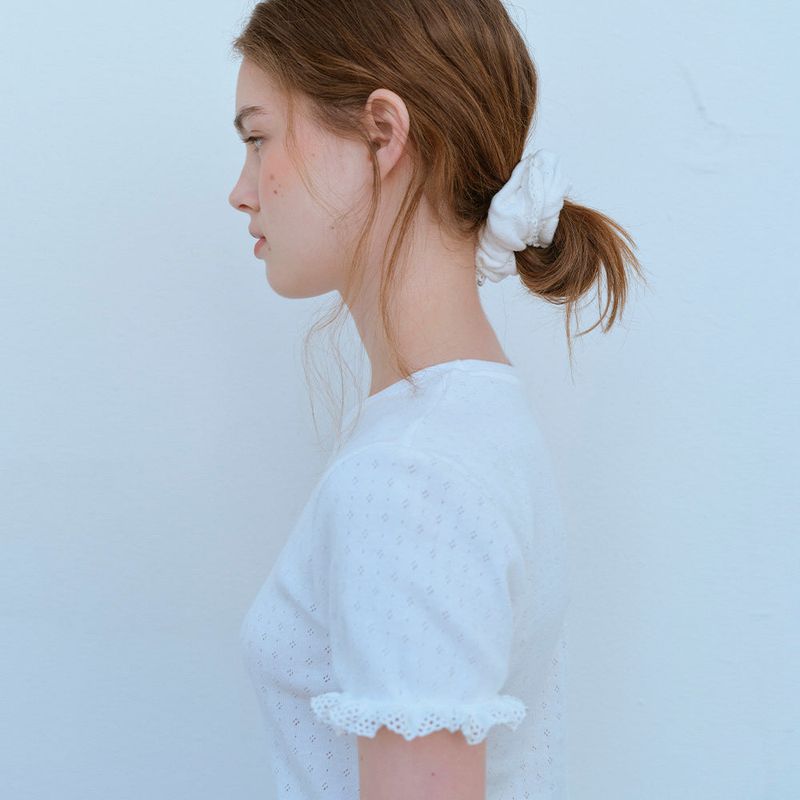 LACE HEM HALF SLEEVE TEE, WHITE