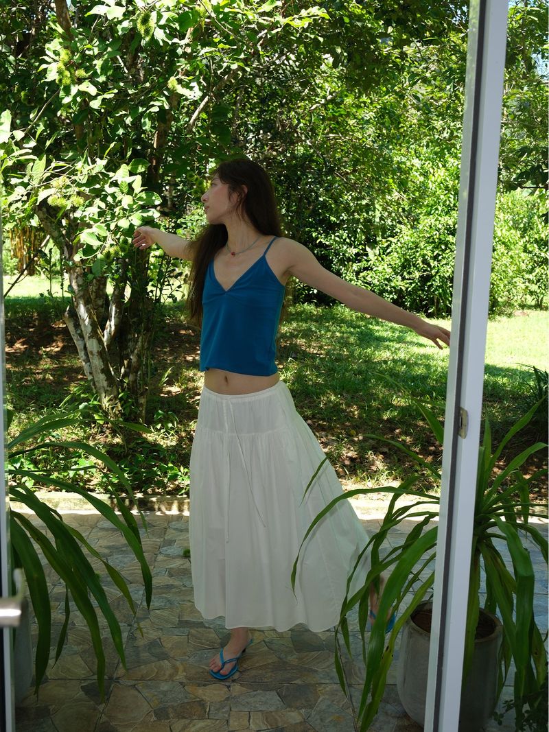 Shirring Cotton Maxi Skirt (White)