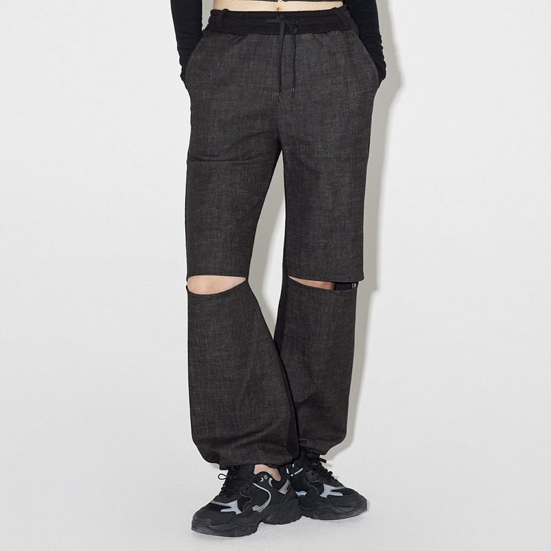 デニムニットブロッキングパンツ / Denim Knit Blocking Pants [BLACK]