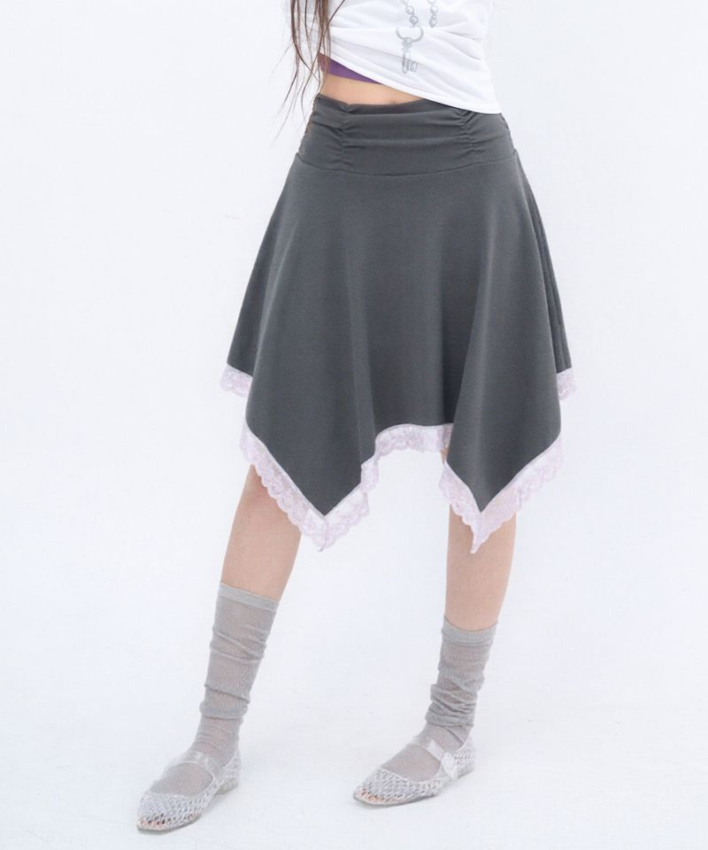 ITZAVIBE（イッザバイブ）の「LACE POINT UNBALANCED SKIRT - CHARCOAL（Skirts）」