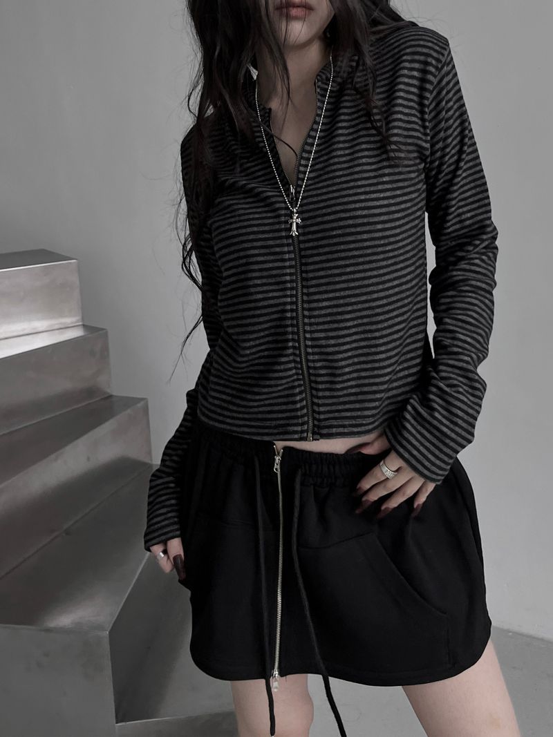 stripe boa hood zip-up
