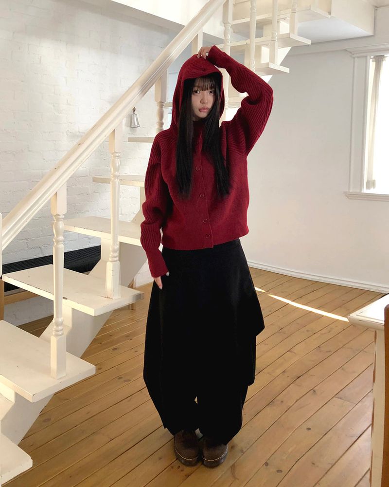 Sihan High-neck Angora hooded knit cardigan