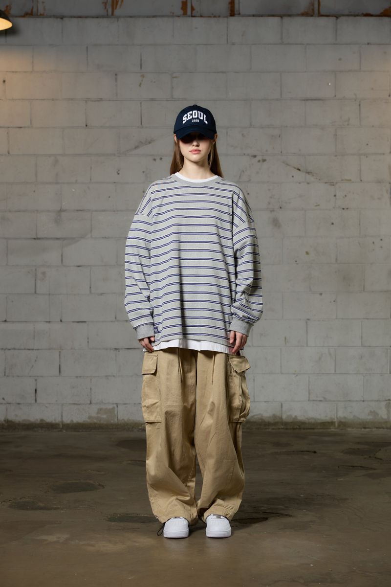 ARIKIM（アリキム）の「JERRY STRIPE OVERFIT LONG SLEEVE T-SHIRT / GRAY（Tops）」