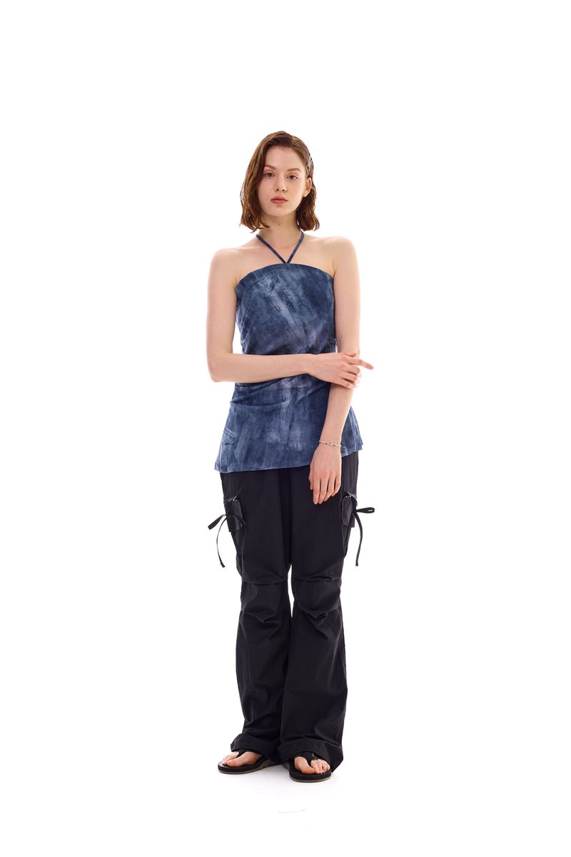 POCKET PRINTING HALTERNECK DRESS / BLUE