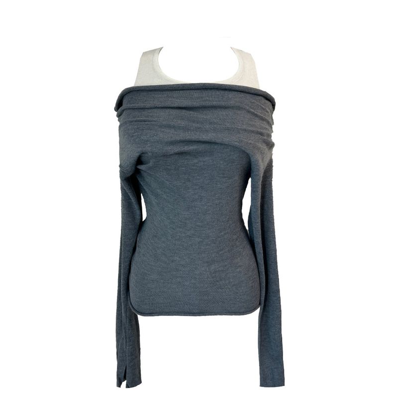 Layered shirring off-shoulder solid long sleeve knit top (3 colors)