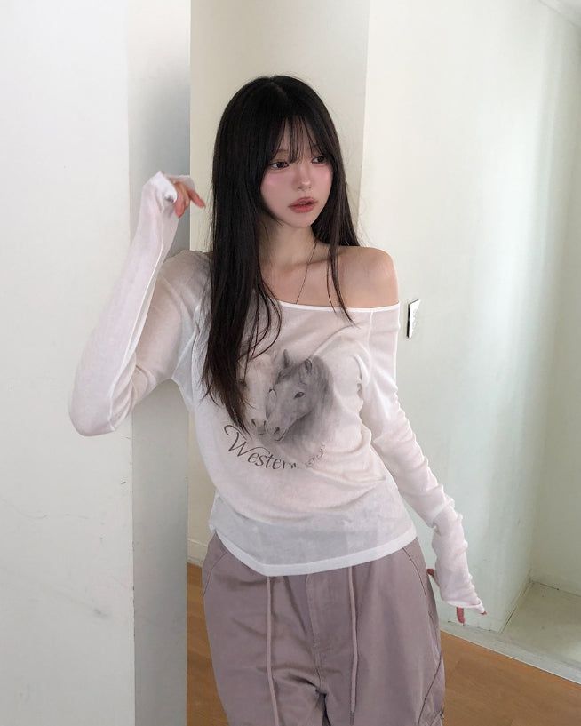 ULAN（ユレン）の「Pony Printing One Shoulder Long Sleeve（Tops）」
