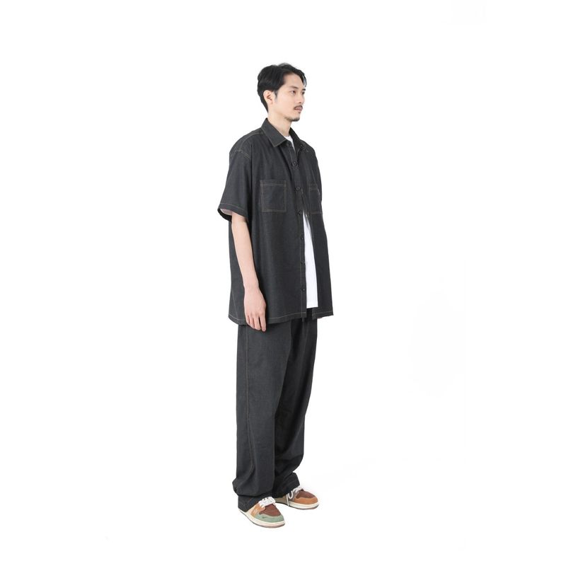 BLACK FAKE DENIM BANDING WIDE PANTS