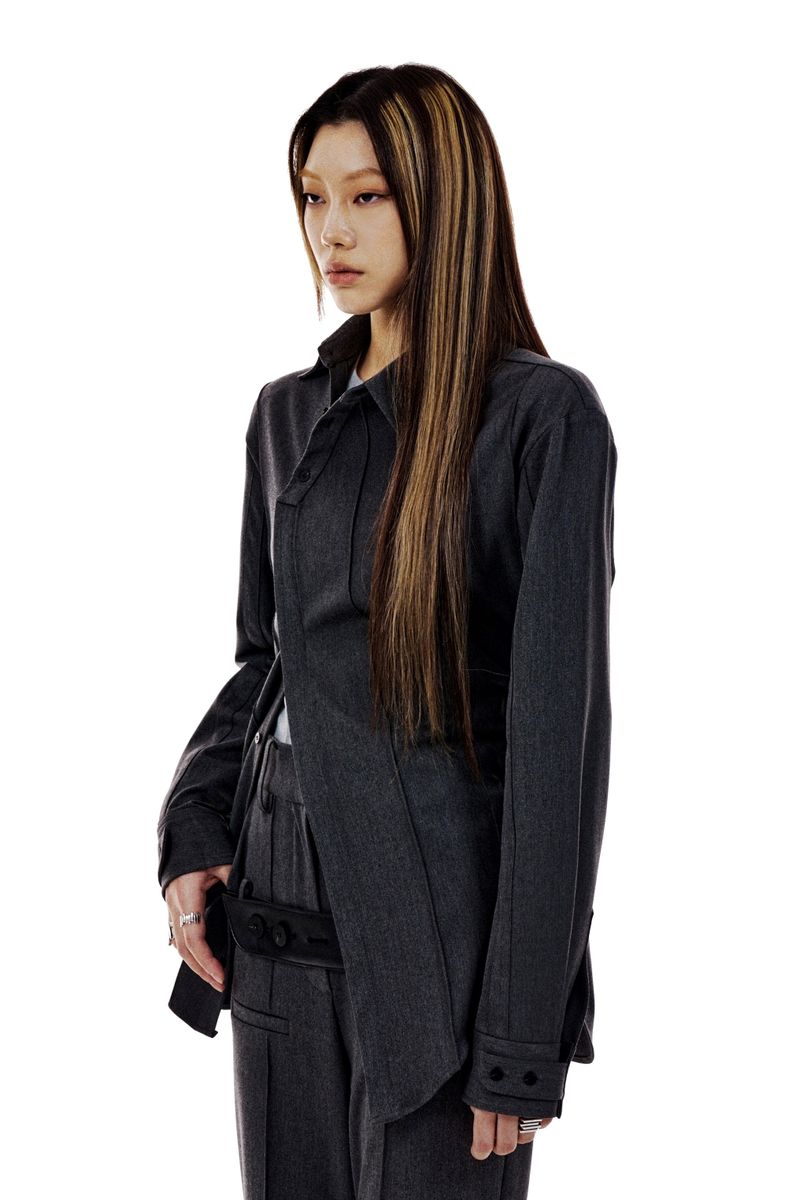 UNBALANCED BUTTON STRAP SHIRT