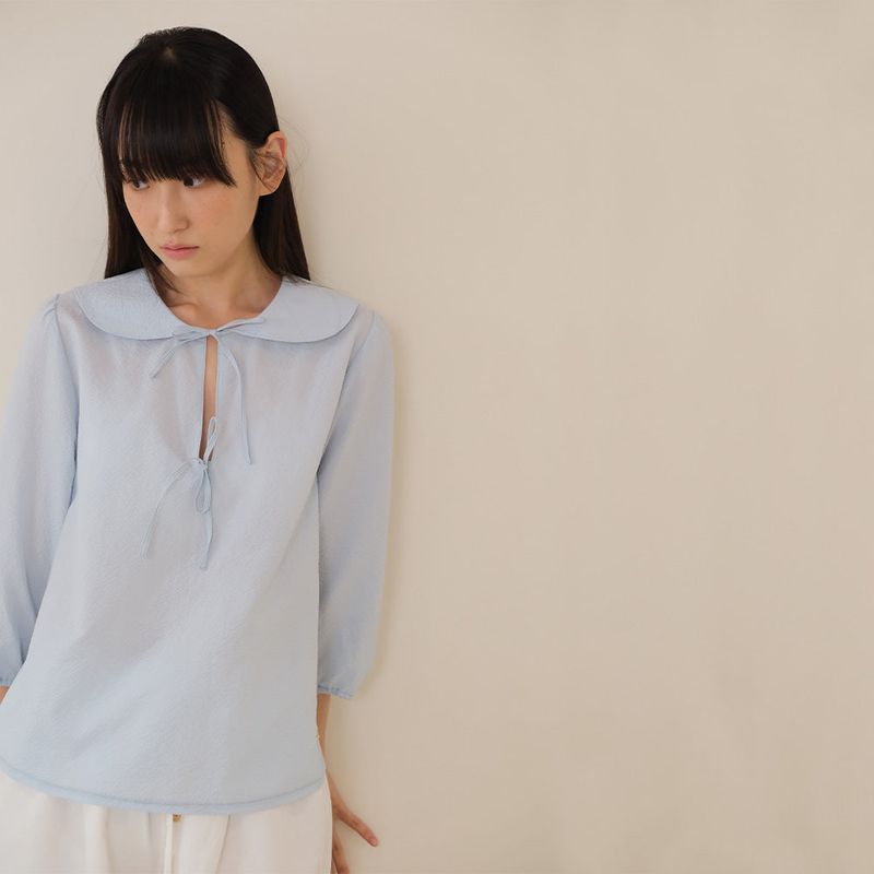 Sky Blue Seersucker Ribbon Blouse