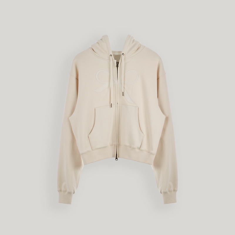 Cream Velvet Ribbon Hoodie Zip-up