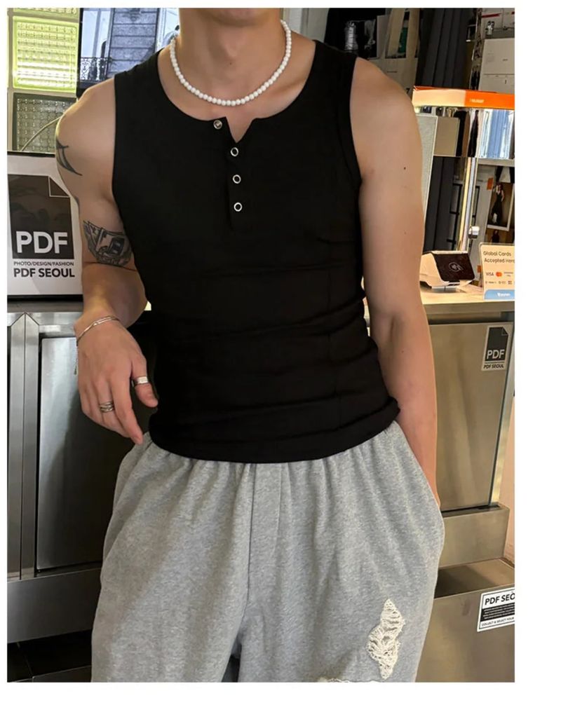 [MUSCLE FIT] Curve slit henry neck sleeveless(5color)