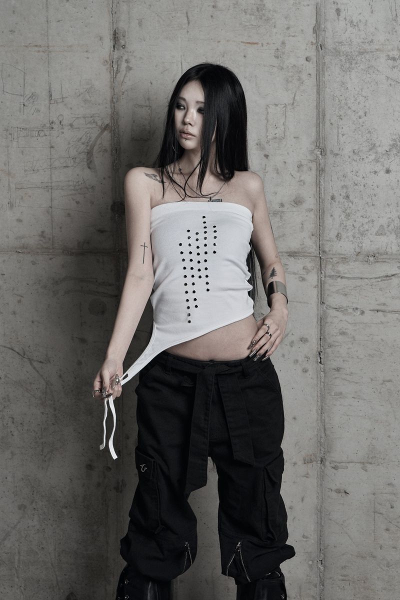 [label] studded asymmetric strap tank top WHITE