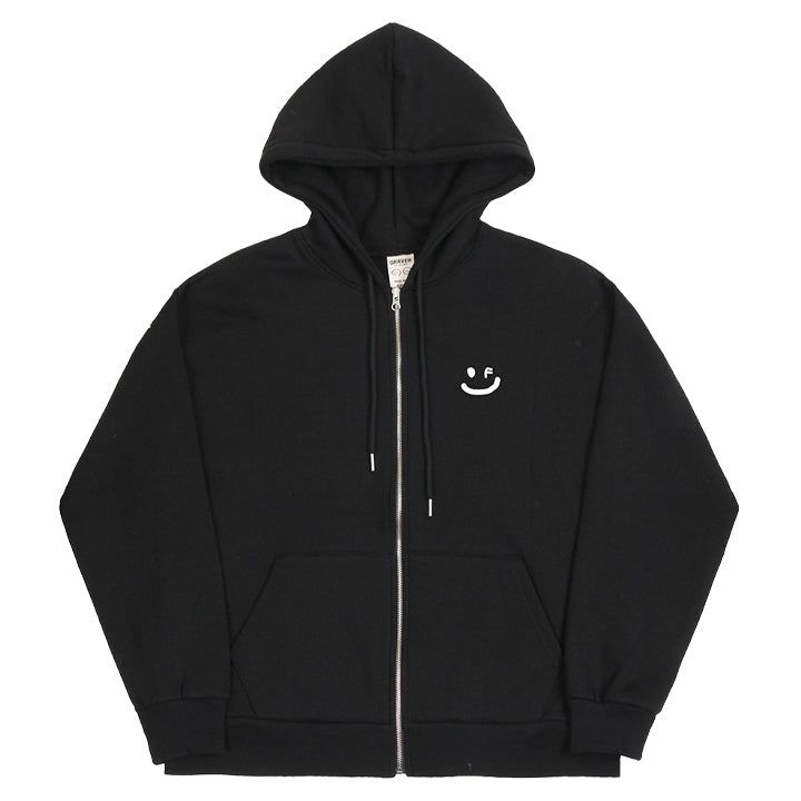 GRAVER（グレーバー）の「Small drawing smile hood zip-up_black/white logo（Tops）」