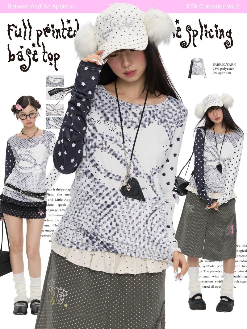 BETWEENAND Long-sleeved women’s top for spring, with a pixelated anime-style polka dot design; helps to slim the figure