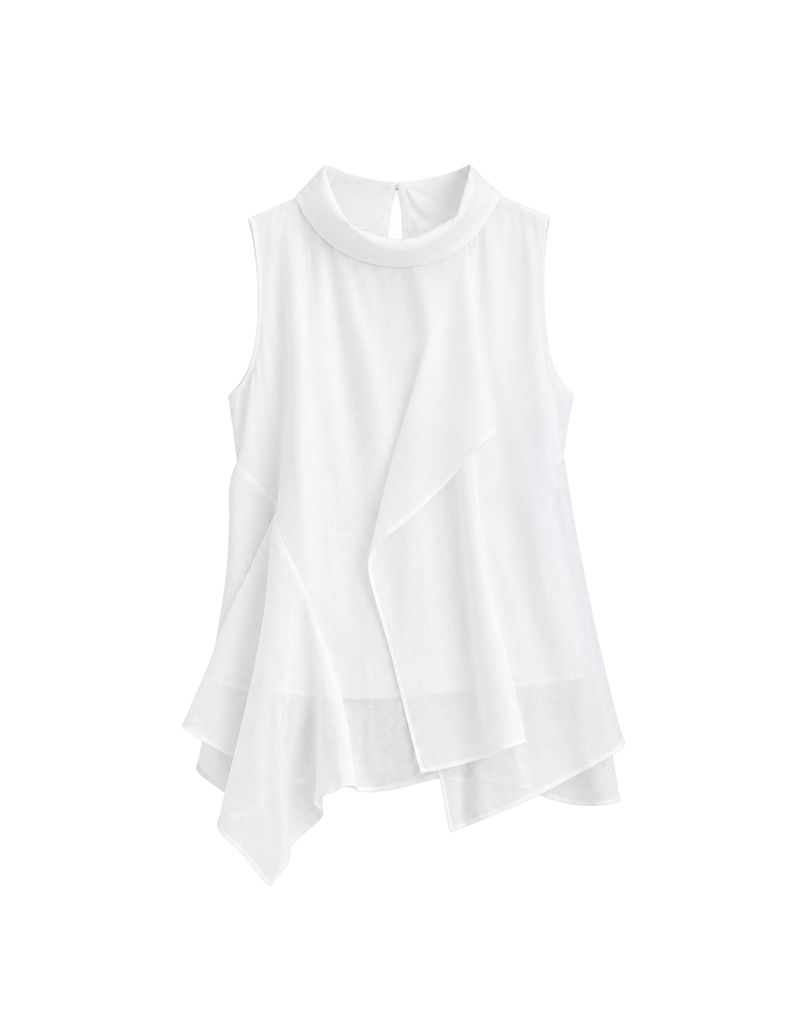 Lune High Neck Unbalance Drape Layered Sleeveless Blouse White