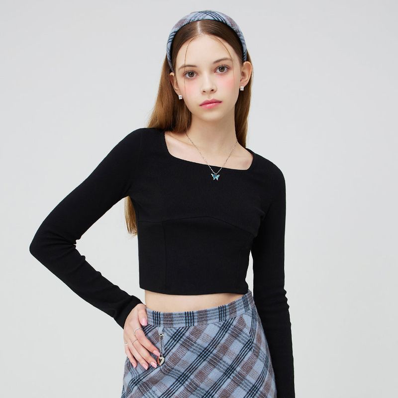 VVV（ブイブイブイ）の「SQUARE NECK LONG SLEEVE CROP TOP _ BLACK（Tops）」