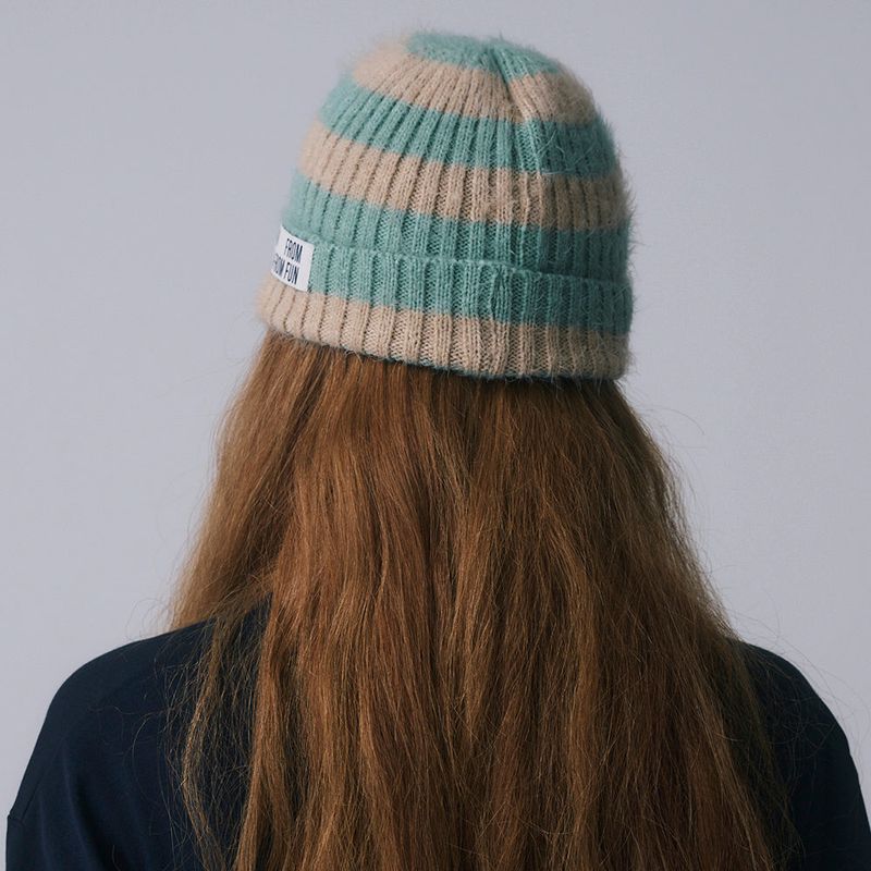 FURRY LOGO BEANIE, BEIGE+MINT STRIPE