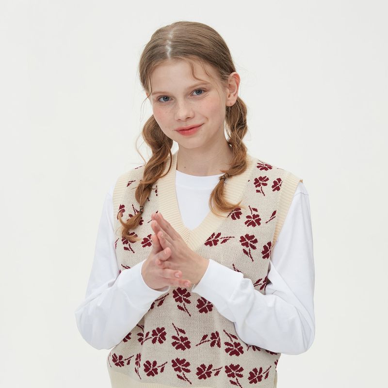 FLOWER JAQUARD KNIT VEST_BEIGE