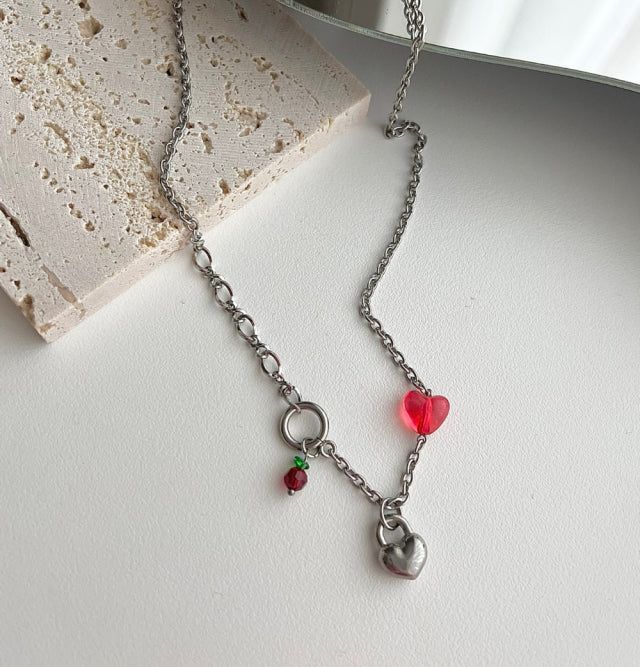 chi Kitchee Cherry Beads Heart Lock Handmade Necklace