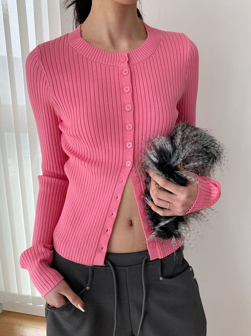 Color Round Neck Ribbed Button Cardigan