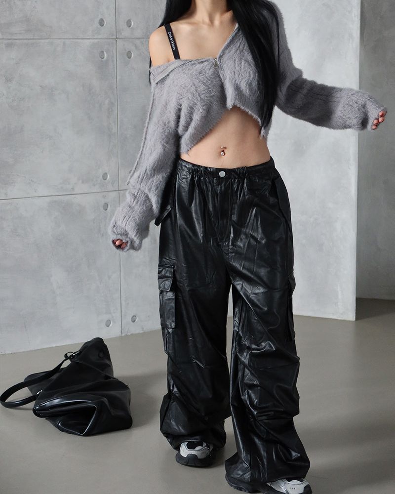 leather cargo string jogger wide pants