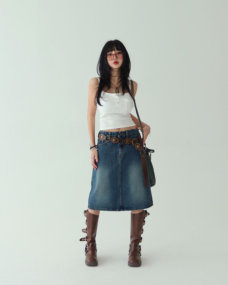 Delight-J(ディライトジェイ)の「Cami vintage denim midi skirt(Skirts)」