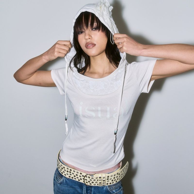 Rose Lace Bead Hood Tee [White]